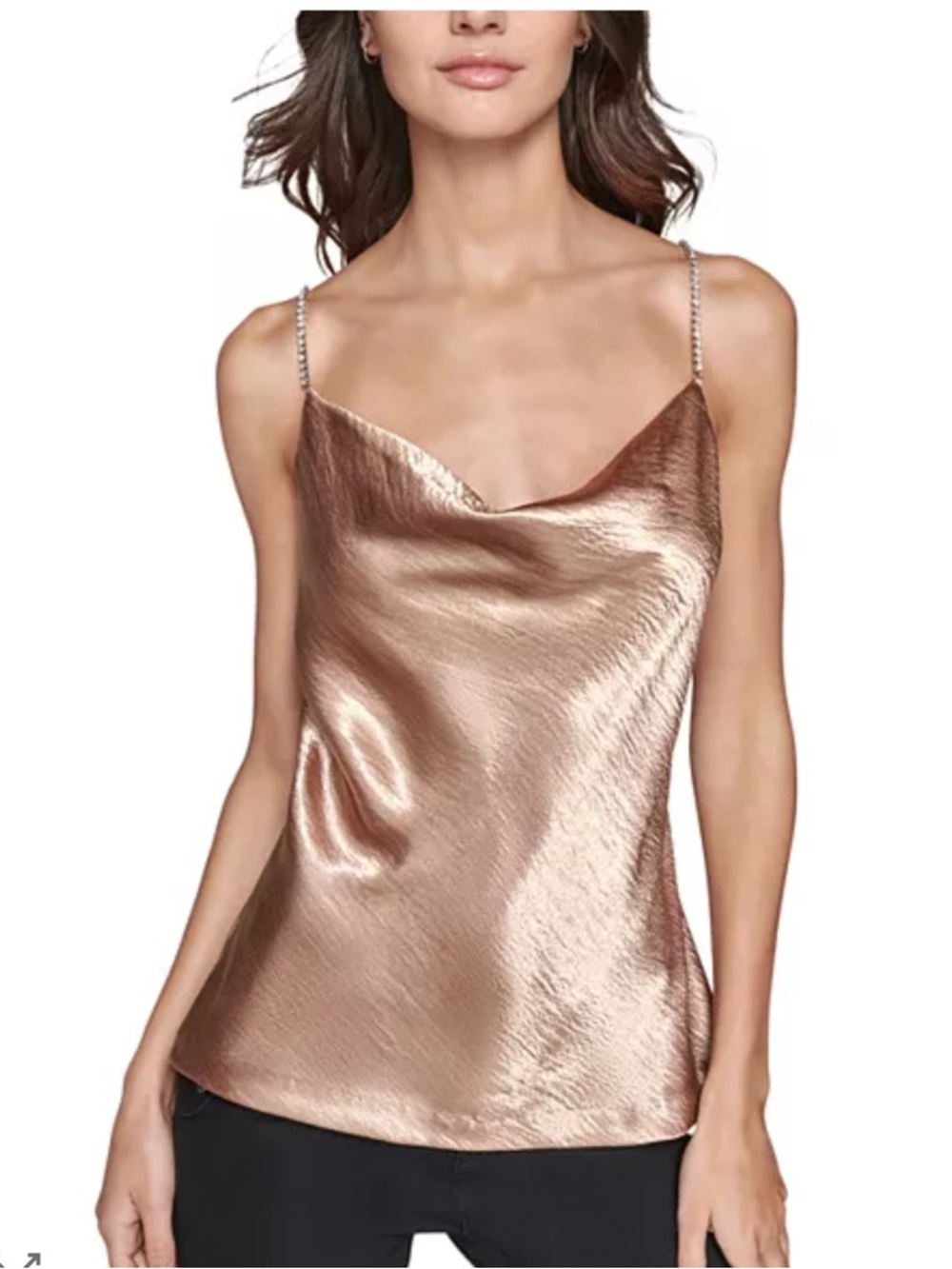 Karl Lagerfeld Black Satin Cowl Neck Tank Top with Rhinestone Straps - Picture 5 of 5
